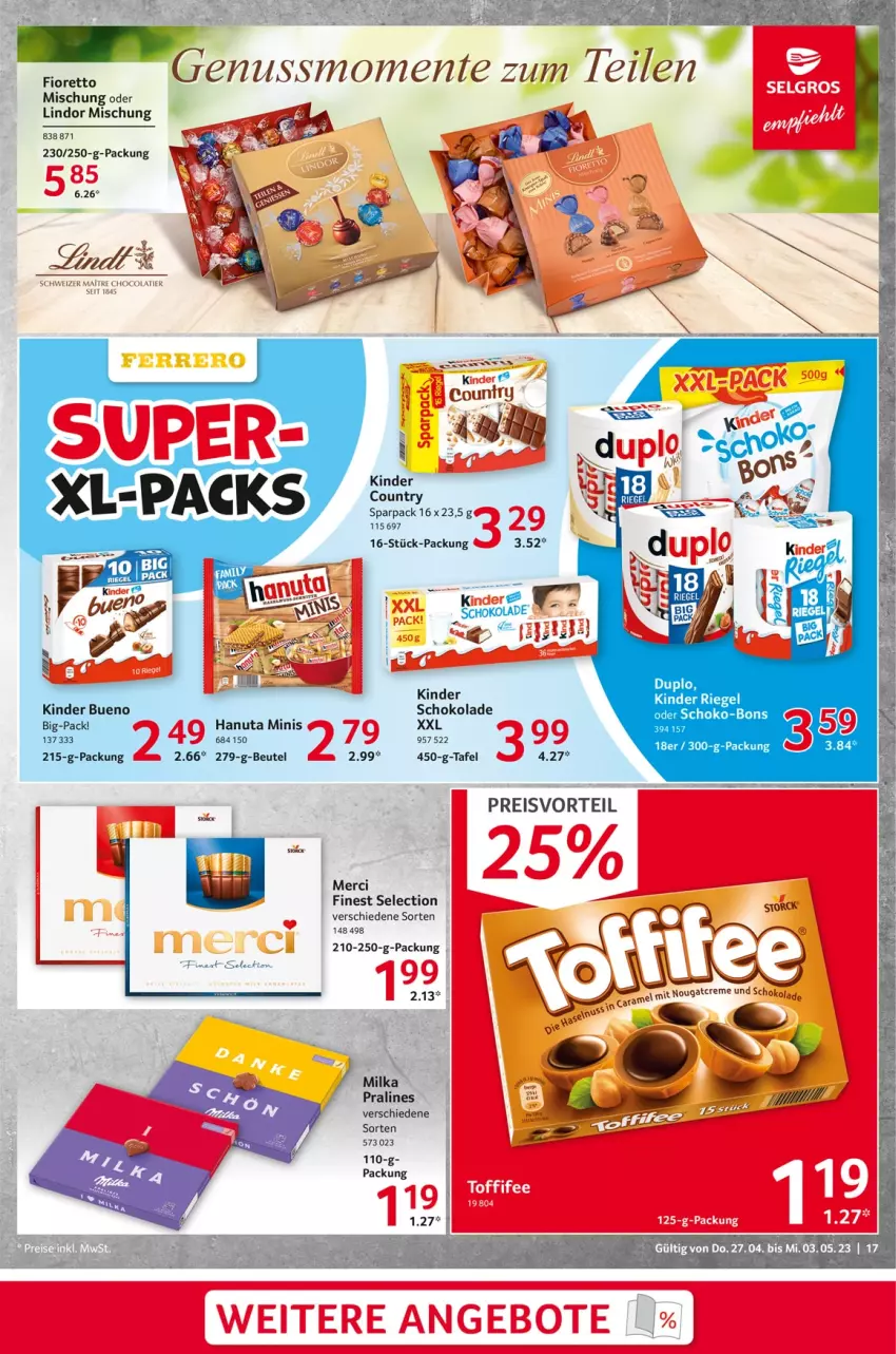 Aktueller Prospekt Selgros - Food - von 27.04 bis 03.05.2023 - strona 17 - produkty: beutel, eier, eis, hanuta, Kinder, kinder bueno, lindor, merci, milka, preisvorteil, reis, schoko, schokolade, Ti