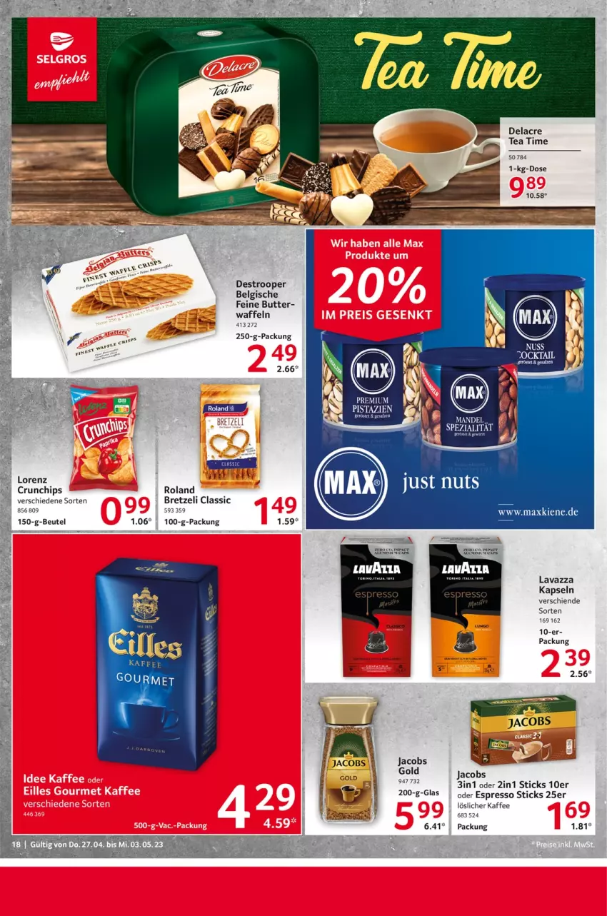 Aktueller Prospekt Selgros - Food - von 27.04 bis 03.05.2023 - strona 18 - produkty: beutel, butter, Cap, chips, crunchips, espresso, gin, jacobs, Jacobs Gold, kaffee, lavazza, LG, lorenz, löslicher kaffee, oder espresso, pistazien, Spezi, Ti, waffeln