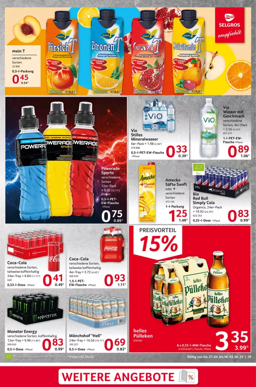 Aktueller Prospekt Selgros - Food - von 27.04 bis 03.05.2023 - strona 19 - produkty: Alwa, amecke, coca-cola, cola, eis, erfrischungsgetränk, flasche, frucht, getränk, mineralwasser, mönchshof, monster, Monster Energy, preisvorteil, red bull, reis, säfte, sim, Sport, Ti, wasser