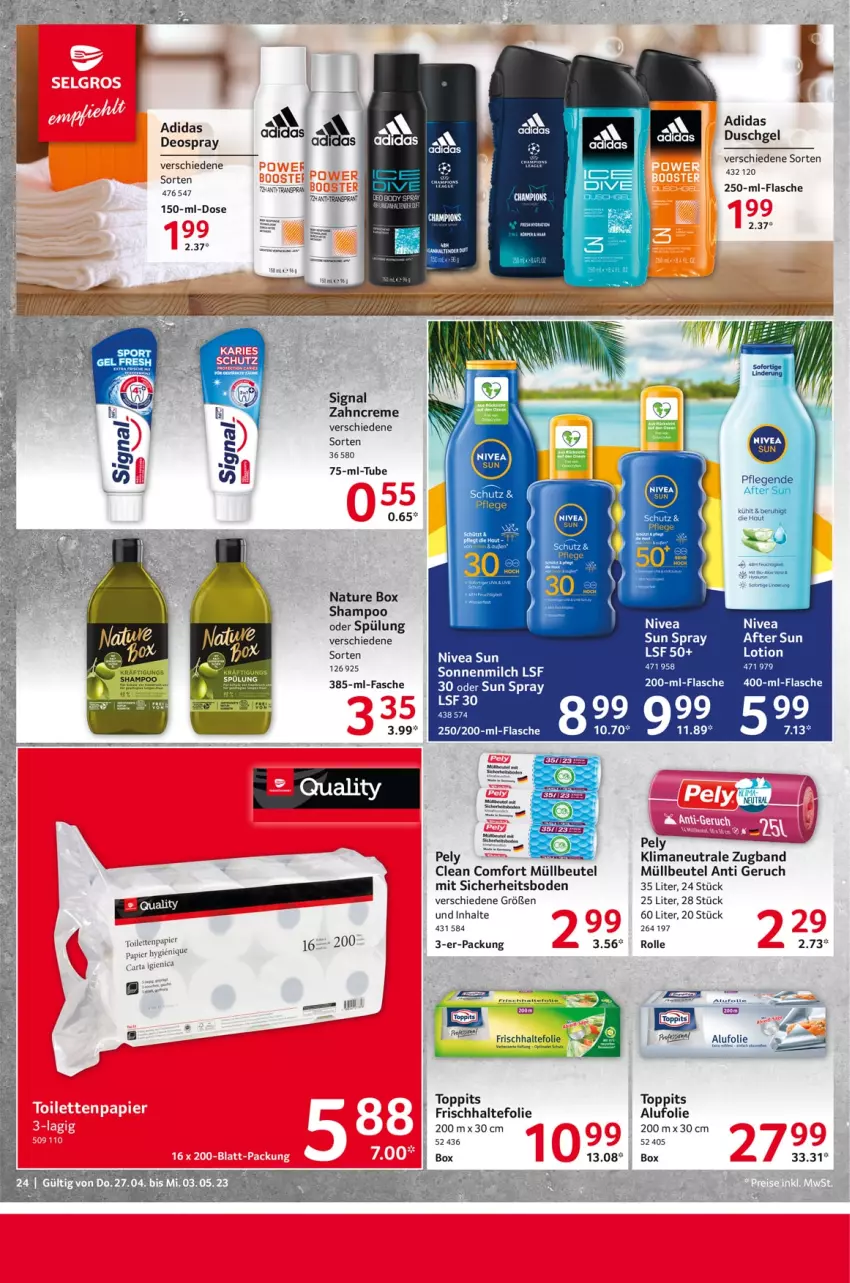 Aktueller Prospekt Selgros - Food - von 27.04 bis 03.05.2023 - strona 24 - produkty: Adidas, beutel, creme, deo, deospray, duschgel, flasche, frischhaltefolie, Lotion, milch, müllbeutel, natur, nature box, nivea, nivea sun, papier, pely, sonnenmilch, Sport, Sun Spray, Ti, toilettenpapier, toppits, zahncreme