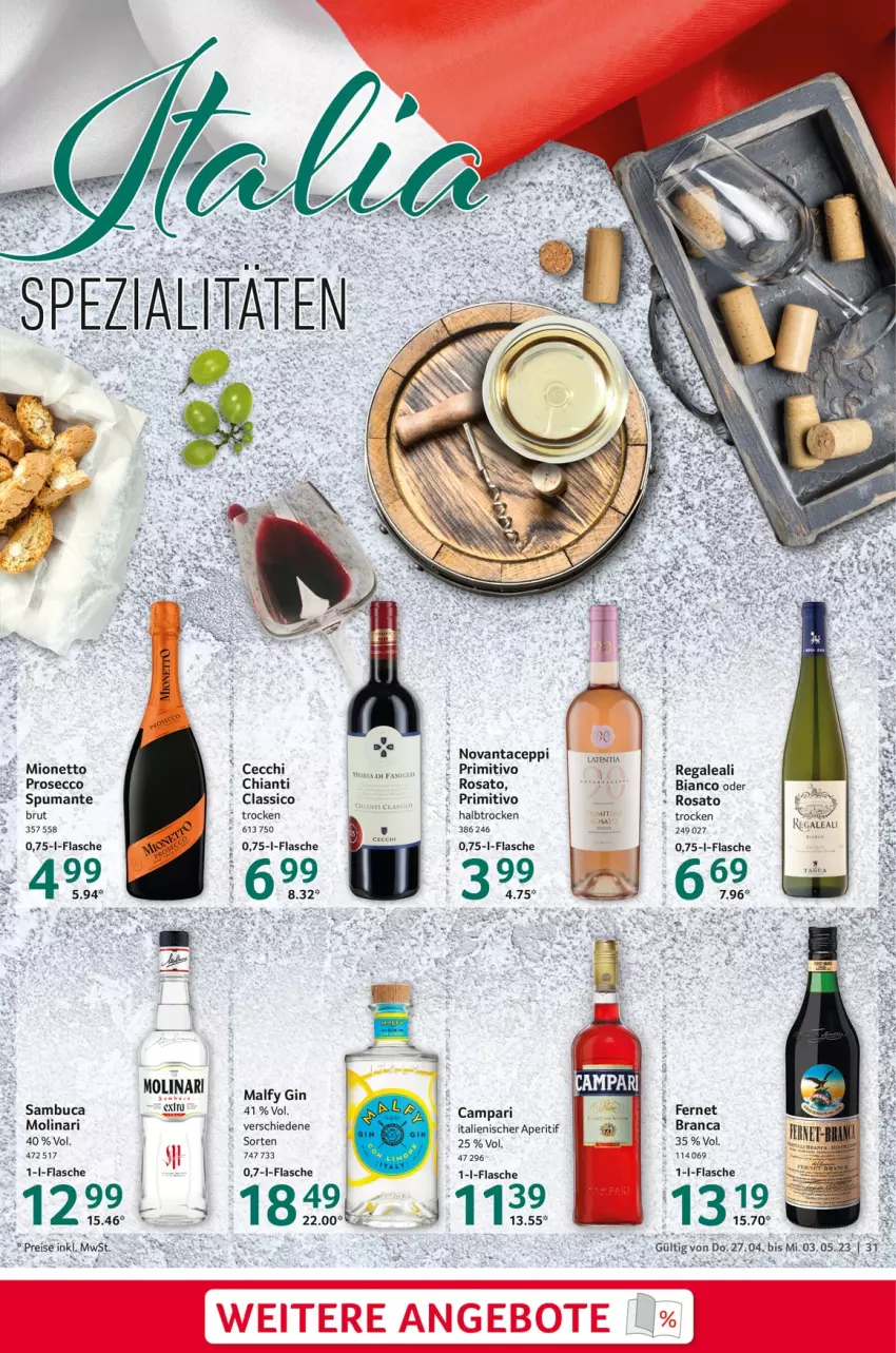 Aktueller Prospekt Selgros - Food - von 27.04 bis 03.05.2023 - strona 31 - produkty: aperitif, brut, campari, chia, chianti, classico, ecco, eis, Fernet, fernet branca, flasche, gin, mionetto, Molinari, primitivo, prosecco, puma, regal, reis, rosato, sambuca, spumante, Ti