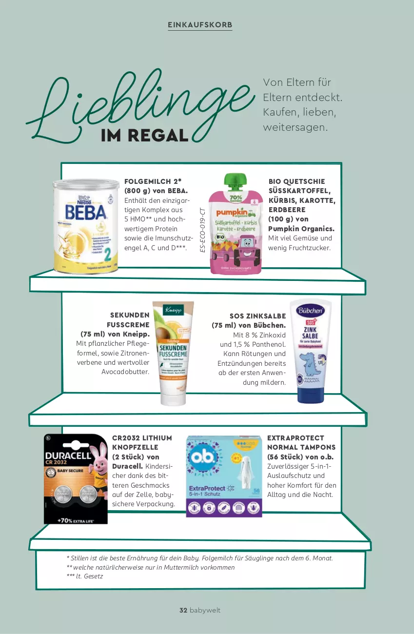 Aktueller Prospekt Rossmann - Prospekte - von 11.05 bis 31.07.2026 - strona 32 - produkty: avocado, Beba, beere, bio, bübchen, butter, creme, einkaufskorb, eis, elle, Engel, erdbeere, folgemilch, frucht, kartoffel, Kinder, kneipp, korb, Kürbis, LG, mac, milch, O.b., Panthenol, regal, rwe, Tampon, tampons, Ti, zitrone, zitronen, zucker