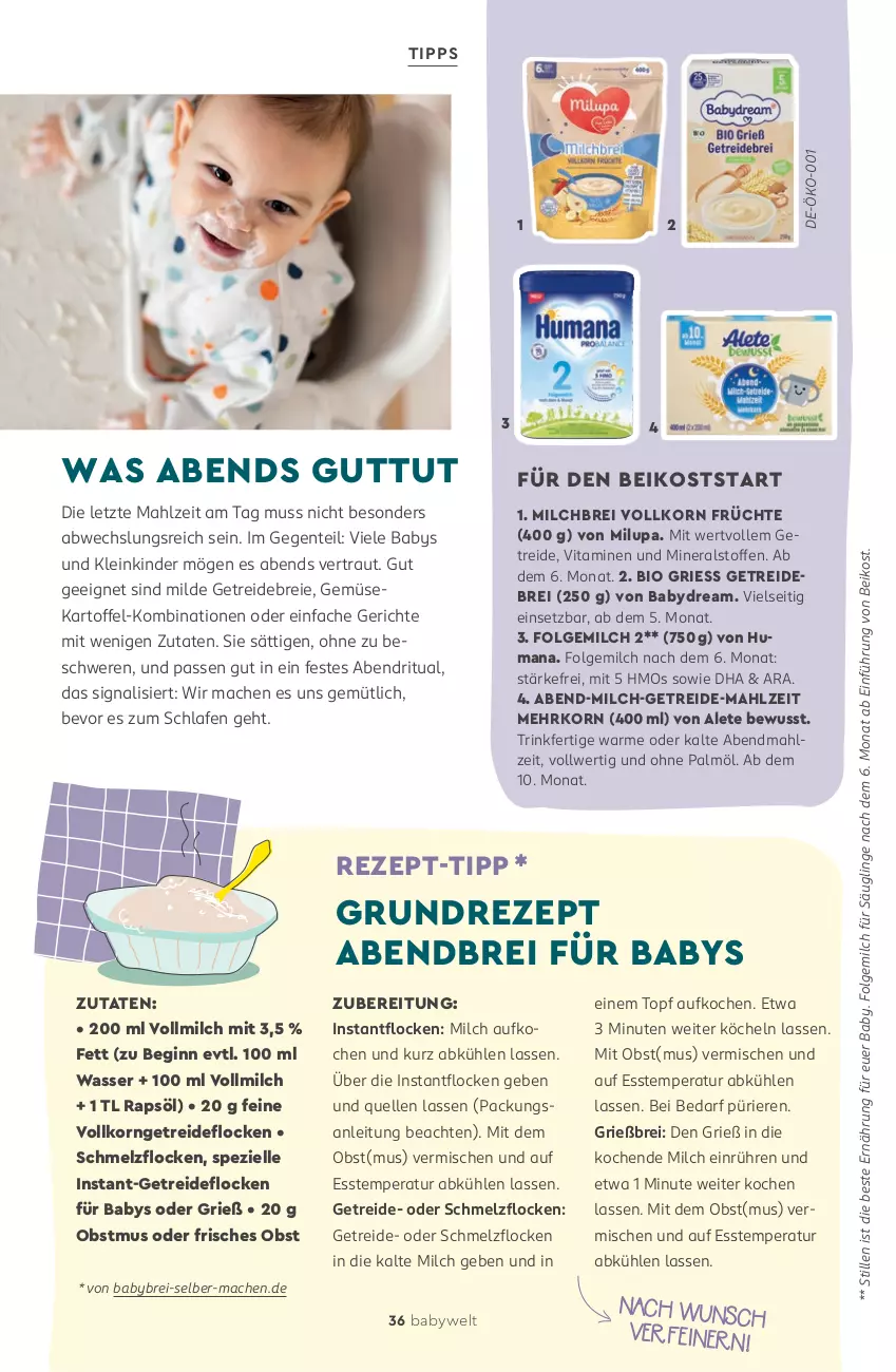 Aktueller Prospekt Rossmann - Prospekte - von 11.05 bis 31.07.2026 - strona 36 - produkty: babydream, bio, Brei, elle, ente, folgemilch, früchte, gin, kartoffel, Kinder, korn, LG, mac, milch, milupa, obst, ohne palmöl, rapsöl, rezept, rezept-tipp, Signal, Spezi, Ti, topf, vita, Vitamine, vollmilch, wasser, ZTE