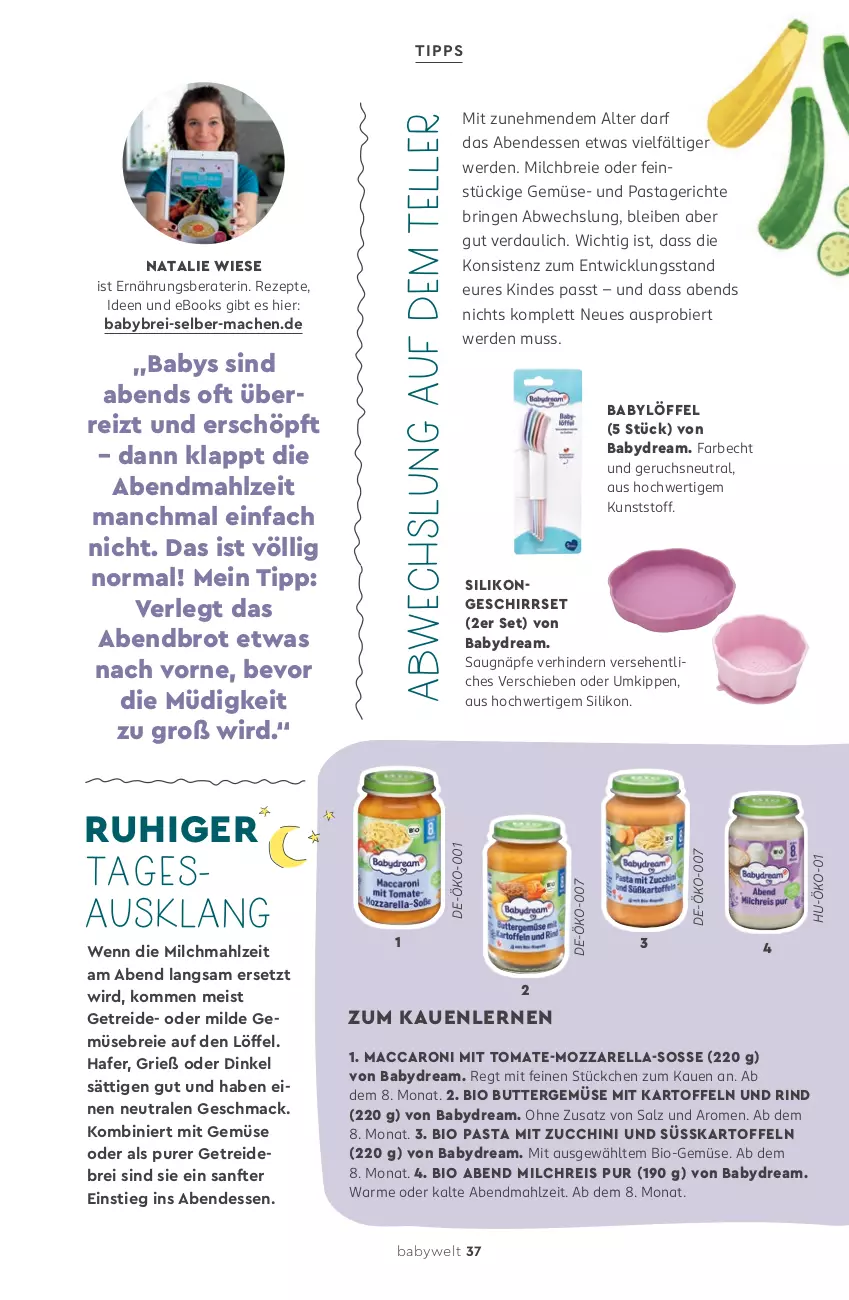 Aktueller Prospekt Rossmann - Prospekte - von 11.05 bis 31.07.2026 - strona 37 - produkty: ACC, babydream, bier, bio, Bio-Gemüse, Brei, brot, butter, eis, elle, erde, geschirr, hafer, kartoffel, kartoffeln, Löffel, mac, milch, milchreis, mit gemüse, mozzarella, pasta, Pastagericht, reis, rel, rezept, rezepte, rind, ring, salz, teller, Ti, tomate, WICK, zucchini