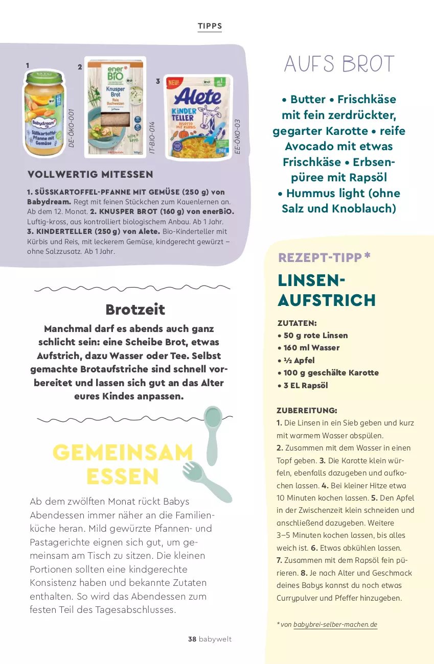Aktueller Prospekt Rossmann - Prospekte - von 11.05 bis 31.07.2026 - strona 38 - produkty: apfel, aufstrich, avocado, babydream, Bau, bio, Brei, brot, brotaufstrich, brotaufstriche, butter, curry, eis, elle, erbsen, frischkäse, gewürz, hummus, kartoffel, Käse, Kinder, knoblauch, küche, Kürbis, leine, linsen, mac, mit gemüse, pasta, Pastagericht, pfanne, pfannen, pfeffer, püree, rapsöl, reis, rezept, rezept-tipp, Rote Linsen, salz, Spülen, tee, teller, Ti, tisch, topf, trolli, wasser, würfel, ZTE