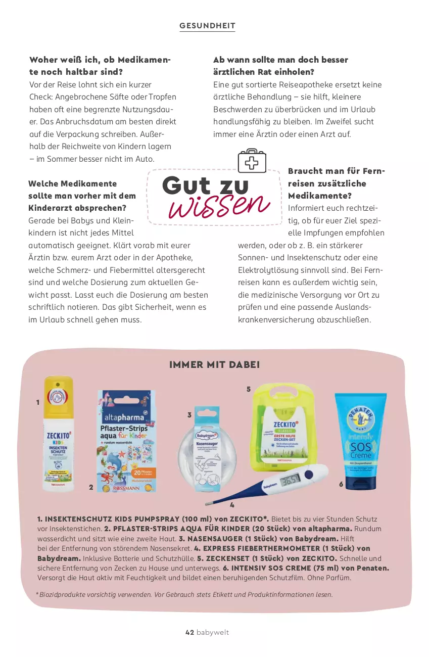 Aktueller Prospekt Rossmann - Prospekte - von 11.05 bis 31.07.2026 - strona 42 - produkty: Altapharma, Apotheke, aqua, auer, auto, babydream, batterie, bio, biozidprodukte, creme, eis, Elektro, elle, ente, erde, Fieberthermometer, Gesundheit, insektenschutz, Kinder, leine, penaten, pflaster, Rauch, reis, rwe, säfte, schutzhülle, sekt, Spezi, thermometer, Ti, Tiere, tisch, wasser, ZTE