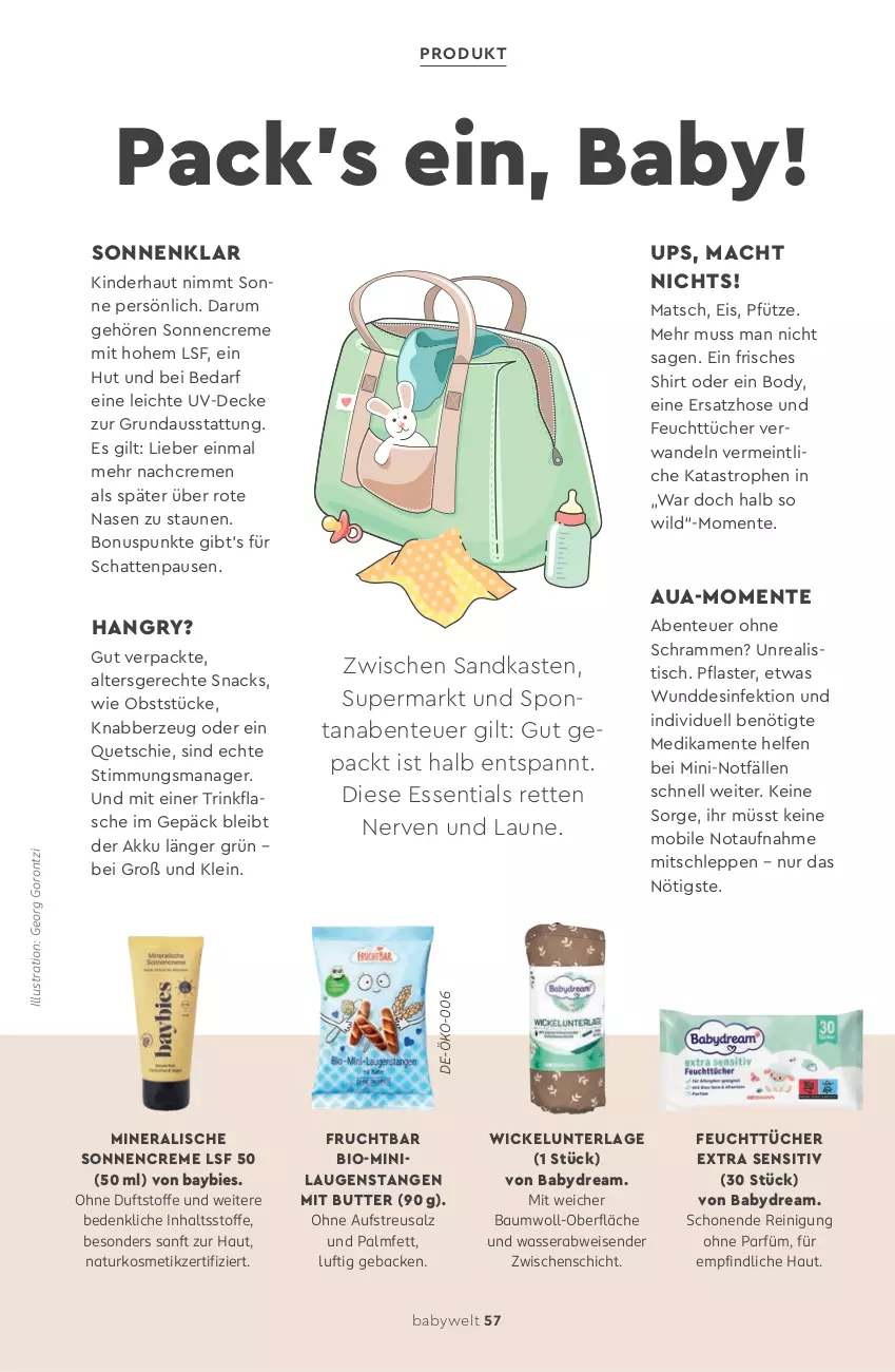 Aktueller Prospekt Rossmann - Prospekte - von 11.05 bis 31.07.2026 - strona 57 - produkty: akku, babydream, Bau, bio, body, butter, creme, decke, Desinfektion, eis, ente, feuchttücher, flasche, frucht, geback, hose, Kinder, kosmetik, Laugenstange, mac, natur, naturkosmetik, ndk, obst, pflaster, Reinigung, rum, salz, Sandkasten, shirt, snack, snacks, sonnencreme, Ti, tisch, trinkflasche, tücher, wasser, WICK, Wickelunterlage, Wild
