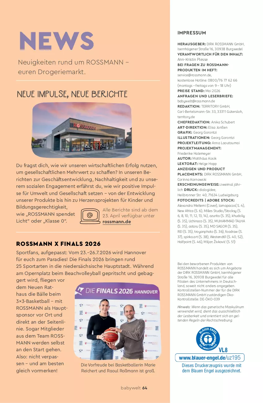 Aktueller Prospekt Rossmann - Prospekte - von 11.05 bis 31.07.2026 - strona 64 - produkty: alexa, angebot, angebote, auer, auto, ball, brie, Bronner, drucker, eis, elle, Engel, erde, gsw, kerze, Kinder, korn, LG, Liege, pril, reis, ring, rwe, Sport, Ti, uhr, wedel, Weste, WICK