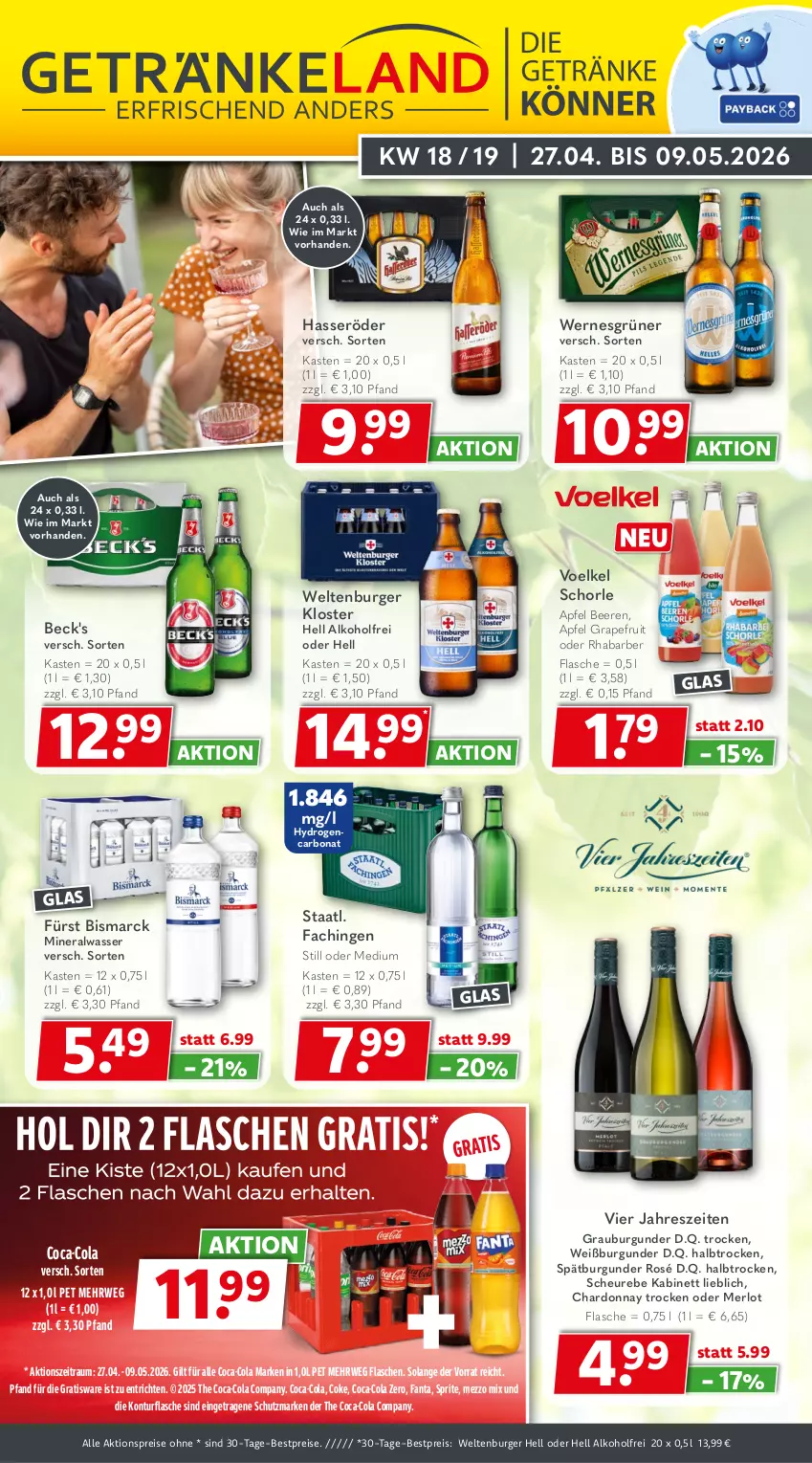 Aktueller Prospekt Getraenkeland - von 26.04 bis 08.05.2026 - strona 1 - produkty: aktionspreis, alkohol, Alwa, apfel, beck's, beere, beeren, bestpreis, bestpreise, bismarck, Bona, burger, burgunder, chardonnay, coca-cola, cola, eis, fanta, flasche, grapefruit, grauburgunder, hasseröder, Heu, kabinett, merl, merlot, Mezzo Mix, mineralwasser, reis, rhabarber, rwe, schorle, spätburgunder, sprite, Staatl. Fachingen, Ti, wasser, Weißburgunder