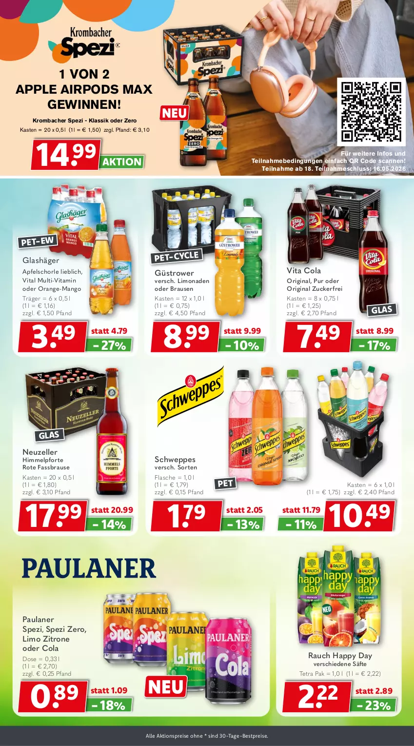 Aktueller Prospekt Getraenkeland - von 26.04 bis 08.05.2026 - strona 5 - produkty: aktionspreis, apfel, Apfelschorle, Apple, Apple AirPods, bestpreis, bestpreise, brause, cola, eis, elle, fassbrause, flasche, gin, Happy Day, krombache, krombacher, limo, limonade, limonaden, mango, orange, Paula, paulaner, Pods, Rauch, reis, säfte, schorle, schweppes, Spezi, Ti, vita, Vita C, zitrone, zucker