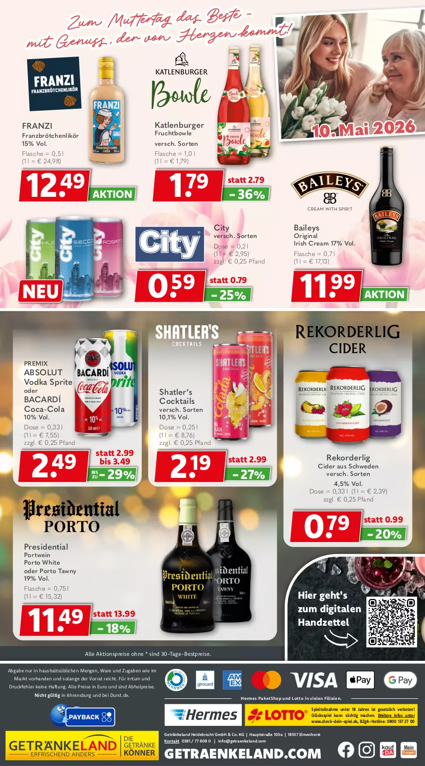 Aktueller Prospekt Getraenkeland - von 26.04 bis 08.05.2026 - strona 8 - produkty: abholpreise, Absolut Vodka, aktionspreis, baileys, bestpreis, bestpreise, bowle, brötchen, burger, cider, coca-cola, cocktail, cocktails, cola, eis, Elan, flasche, frucht, getränk, getränke, gin, irish cream, katlenburger, likör, mac, nuss, Portwein, reis, sprite, Ti, vodka, wein