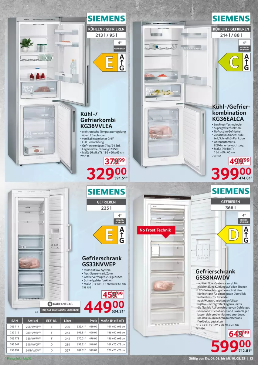 Aktueller Prospekt Selgros - Nonfood - von 04.08 bis 10.08.2022 - strona 13 - produkty: abtauautomatik, auto, beleuchtung, eis, Elektro, gefrierschrank, kühlschrank, led-beleuchtung, Leuchte, LG, ritter, Schrank, schubladen, siemens, supergefrierfunktion, tee, Ti