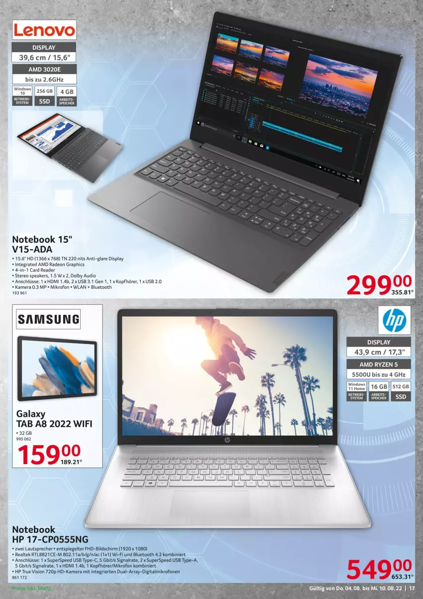 Aktueller Prospekt Selgros - Nonfood - von 04.08 bis 10.08.2022 - strona 17 - produkty: AMD Radeon, deo, eis, HDMI, HP, kamera, kopfhörer, lautsprecher, notebook, radeon, reis, Samsung, Signal, spee, spiegel, Ti, usb