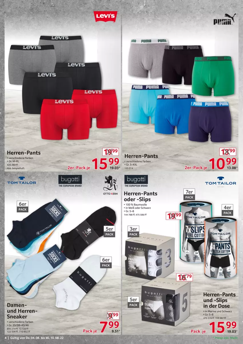 Aktueller Prospekt Selgros - Nonfood - von 04.08 bis 10.08.2022 - strona 4 - produkty: Bau, baumwolle, bugatti, eis, herren-pants, Pants, puma, reis, slip, slips, sneaker, Ti, tom tailor, wolle