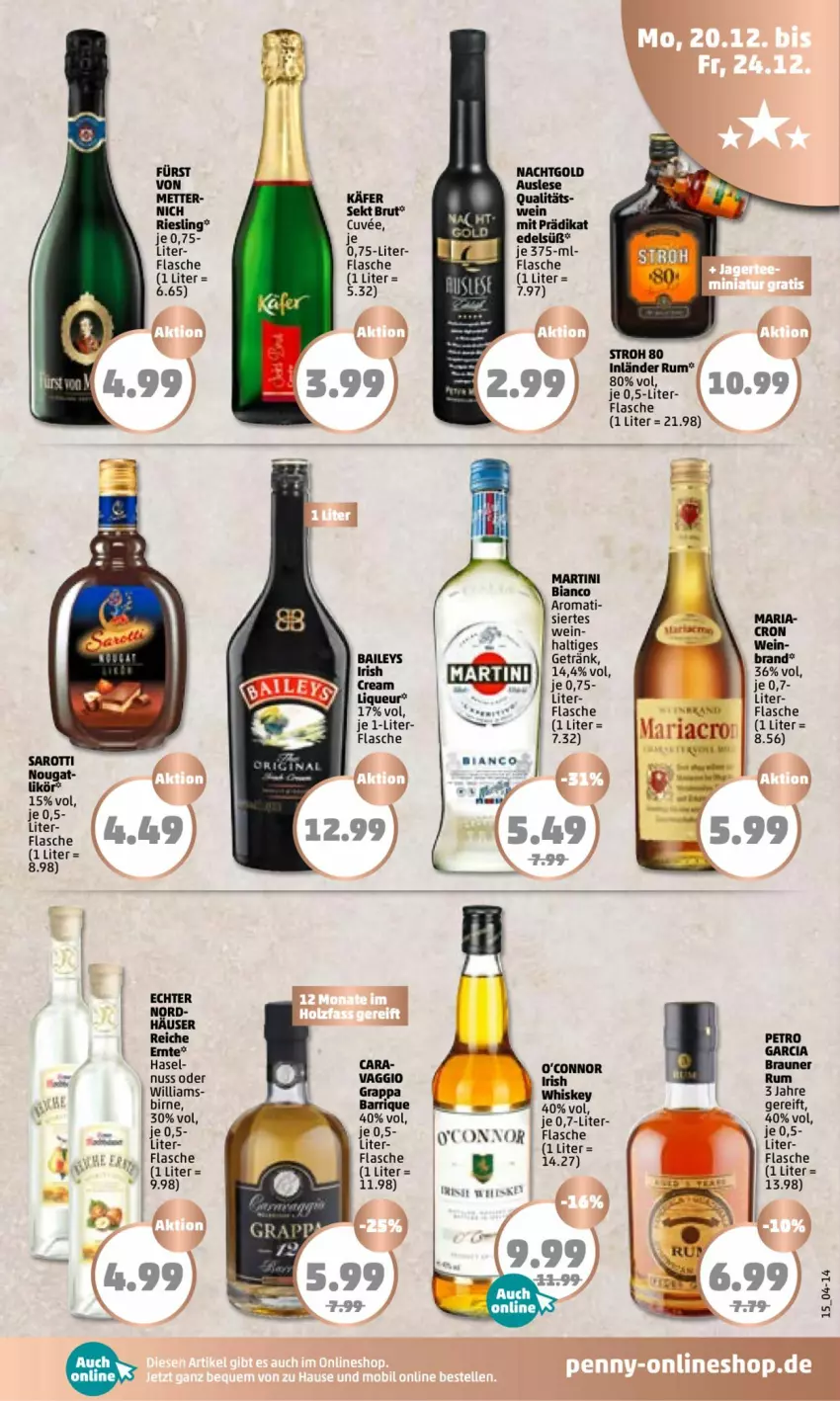 Aktueller Prospekt Penny - Prospekte - von 20.12 bis 25.12.2021 - strona 15 - produkty: baileys, braun, brut, flasche, getränk, grappa, irish cream, käfer, likör, liqueur, martini, Mett, nuss, Ria, riesling, rum, saro, sarotti, sekt, Ti, wein, whiskey