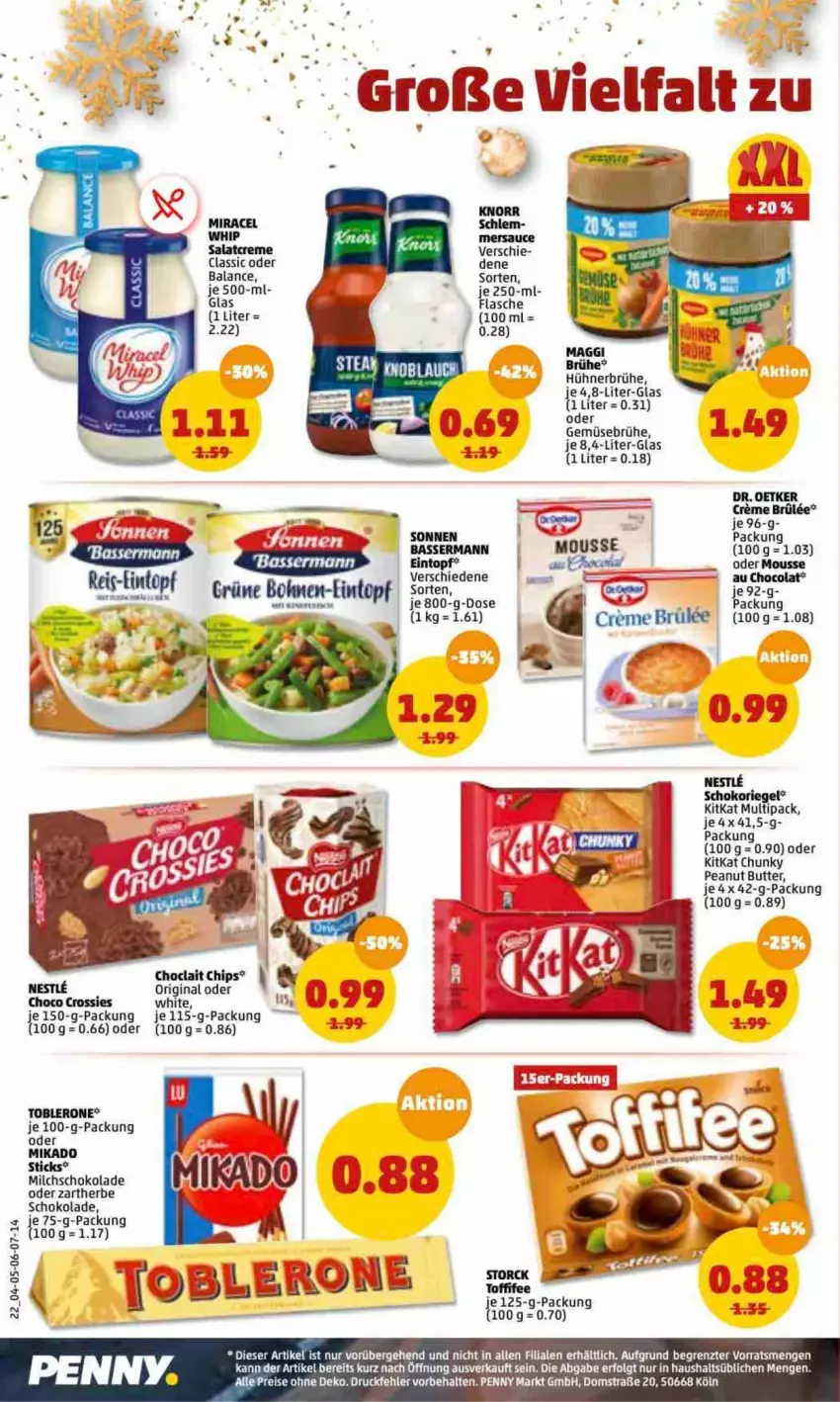 Aktueller Prospekt Penny - Prospekte - von 20.12 bis 25.12.2021 - strona 22 - produkty: Brühe, butter, chips, choclait chips, choco crossies, cola, creme, crossies, Dr. Oetker, eintopf, eis, flasche, Gemüsebrühe, gin, hühner, kitkat, knorr, LG, maggi, mikado, milch, miracel, mousse, peanut butter, reis, riegel, schoko, schokolade, schokoriegel, Ti, toblerone, topf, ZTE