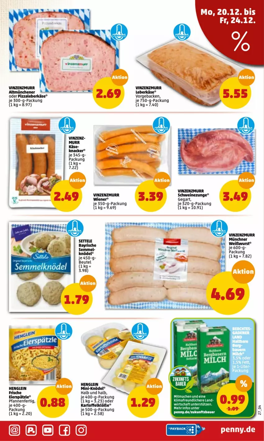 Aktueller Prospekt Penny - Prospekte - von 20.12 bis 25.12.2021 - strona 27 - produkty: auer, Bau, Bauer, beutel, eier, eierspätzle, geback, henglein, kartoffel, Käse, knacker, Knödel, leberkäs, leberkäse, mac, milch, pfanne, pfannen, pizza, schwein, schweine, Schweinezunge, Semmel, Ti, wein, weine, Weißwurst, wiener, wurst