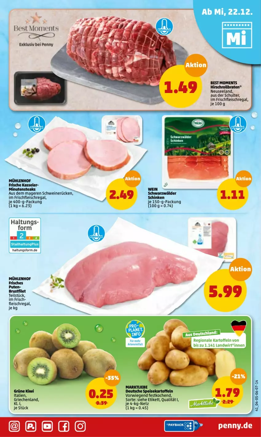 Aktueller Prospekt Penny - Prospekte - von 20.12 bis 25.12.2021 - strona 43 - produkty: braten, brustfilet, eis, Elan, filet, fleisch, kartoffel, kartoffeln, kasseler, kiwi, minutensteaks, pute, regal, rollbraten, schinken, schwein, schweine, schweinerücken, speisekartoffeln, steak, steaks, Ti, wein, weine