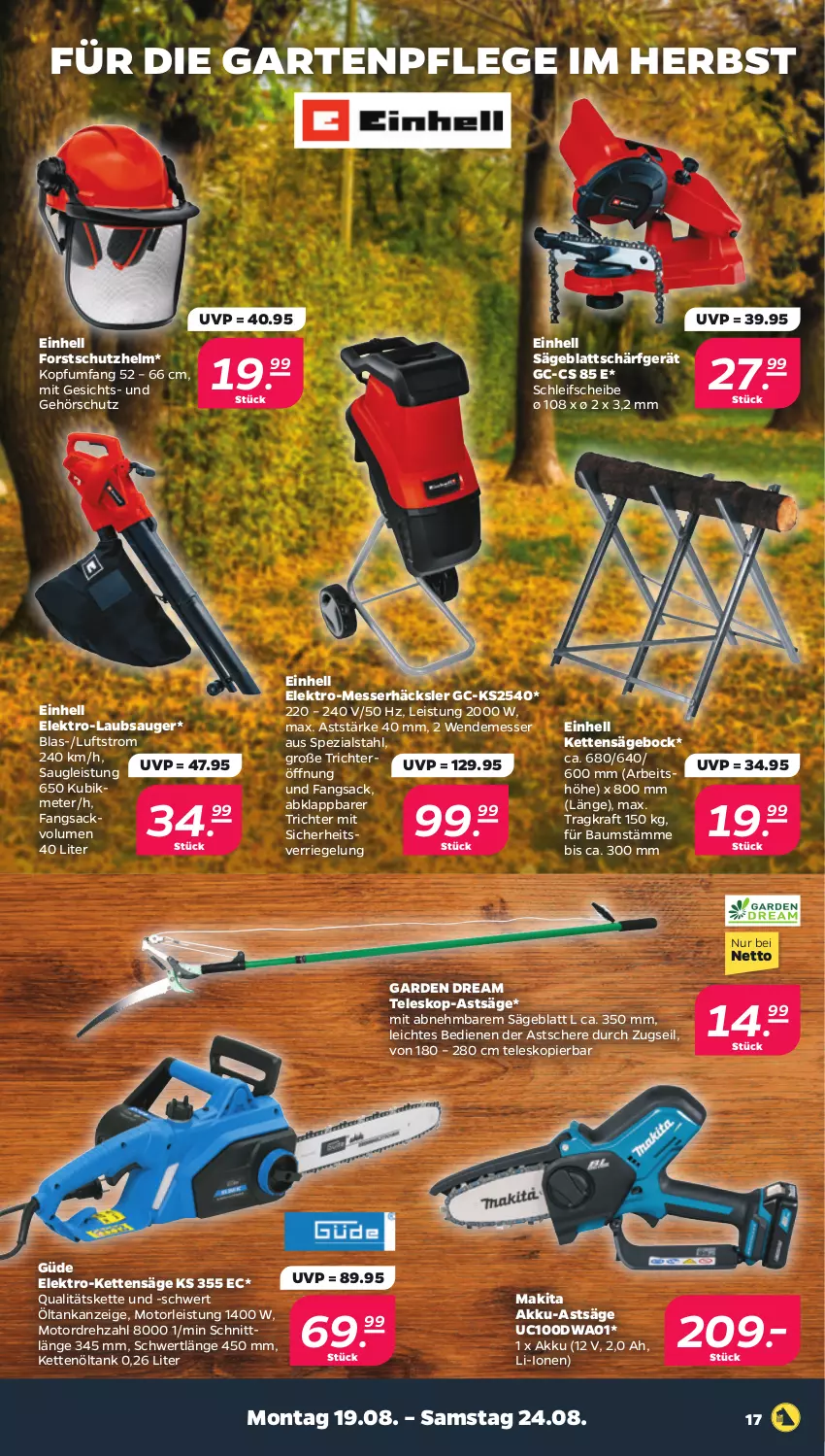 Aktueller Prospekt Netto - Woche 34 - von 19.08 bis 24.08.2024 - strona 17 - produkty: akku, Bau, einhell, eis, Elektro, Garten, Kette, kraft, Laubsauger, Makita, messer, riegel, sac, säge, Schere, Spezi, Teleskop