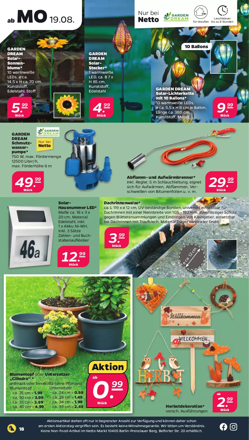 Aktueller Prospekt Netto - Woche 34 - von 19.08 bis 24.08.2024 - strona 18 - produkty: akku, auer, Aufkleber, Aufwärmbrenner, ball, blume, blumen, Brei, buch, dekoration, Draht, edelstahl, Hausnummer, Kette, kleber, lamm, leds, lichterkette, pflanze, pflanzen, Ria, ring, schlauch, sonnenblume, Ti, topf, Untersetzer, wasser, ZTE