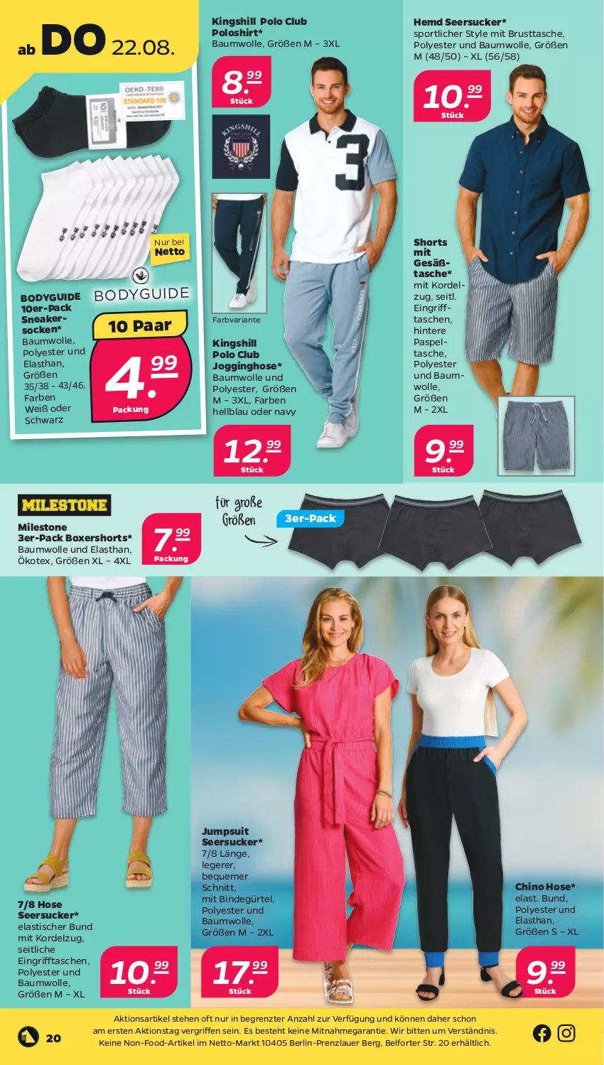 Aktueller Prospekt Netto - Woche 34 - von 19.08 bis 24.08.2024 - strona 20 - produkty: asti, auer, Bau, baumwolle, body, gin, hemd, hose, Jogginghose, jumpsuit, poloshirt, Ria, seersucker, shirt, shorts, sneaker, sneakersocken, socken, Sport, Tasche, taschen, Ti, tisch, wolle, ZTE