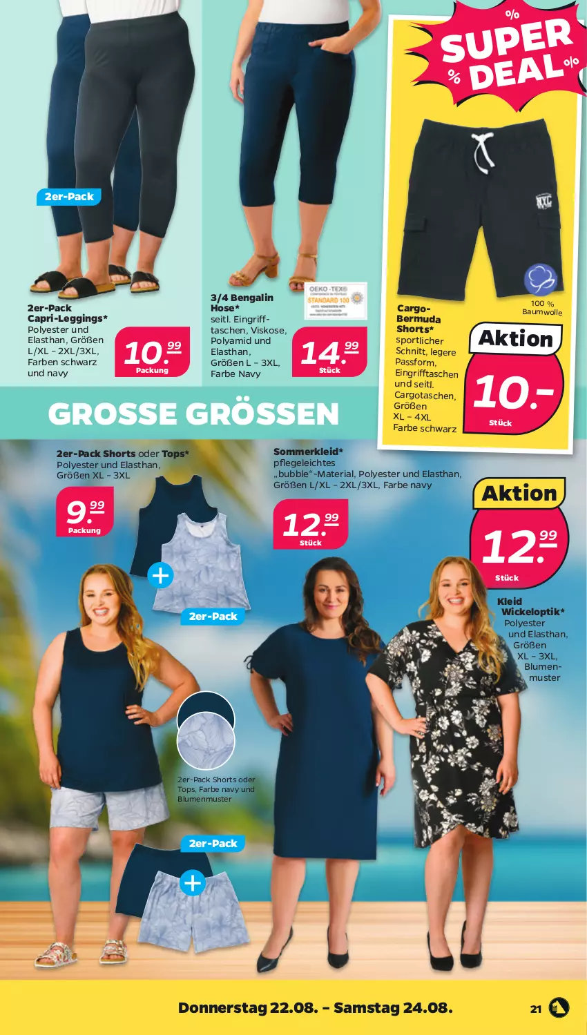 Aktueller Prospekt Netto - Woche 34 - von 19.08 bis 24.08.2024 - strona 21 - produkty: Bau, baumwolle, Bengalin, bermuda, blume, blumen, Cap, gin, hose, kleid, leggings, Ria, shorts, Sommerkleid, Sport, Tasche, taschen, Ti, WICK, wolle