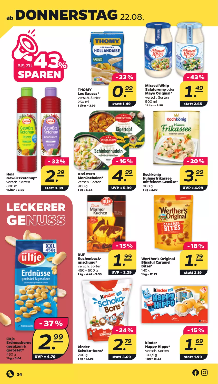 Aktueller Prospekt Netto - Woche 34 - von 19.08 bis 24.08.2024 - strona 24 - produkty: backmischung, bites, caramel, creme, dreistern, eis, erdnuss, gewürz, gewürzketchup, gin, Hela, hipp, hühner, ketchup, Kinder, kuchen, miracel, miracel whip, nerf, nuss, reis, salat, salatcreme, salz, sauce, Schal, Schale, schoko, schoko-bons, thomy, thomy les sauces, ültje, Yo