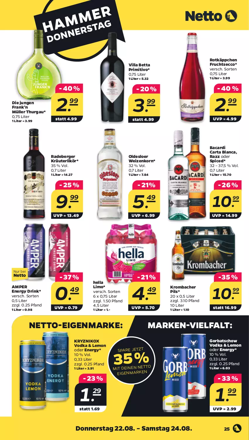 Aktueller Prospekt Netto - Woche 34 - von 19.08 bis 24.08.2024 - strona 25 - produkty: bacardi, Berger, bett, drink, ecco, energy drink, frucht, fruchtsecco, Gorbatschow, hella, korn, kräuter, kräuterlikör, krombache, krombacher, krombacher pils, likör, limo, Müller, oldesloer, pils, primitivo, radeberger, rotkäppchen, Ti, vodka, weizenkorn