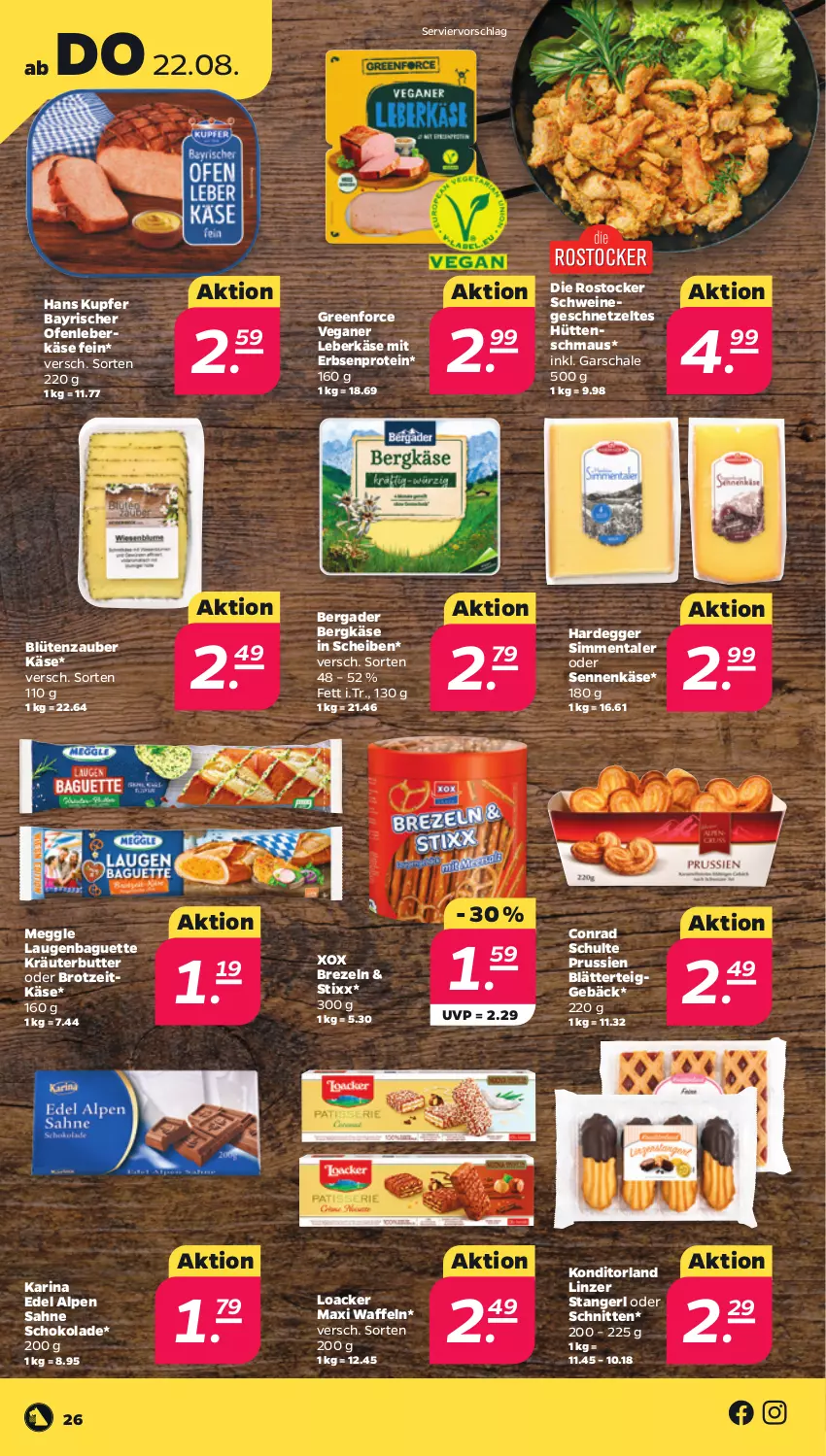 Aktueller Prospekt Netto - Woche 34 - von 19.08 bis 24.08.2024 - strona 26 - produkty: baguette, bergader, Bergkäse, blätterteig, blätterteiggebäck, Blüte, brezel, Brezeln, brot, butter, Egger, erbsen, geschnetzeltes, Käse, kräuter, kräuterbutter, leberkäs, leberkäse, Maus, meggle, Ofen, Rostocker, sahne, Schal, Schale, schnitten, schoko, schokolade, schwein, schweine, Sennenkäse, sim, Ti, waffeln, wein, weine, Zelt