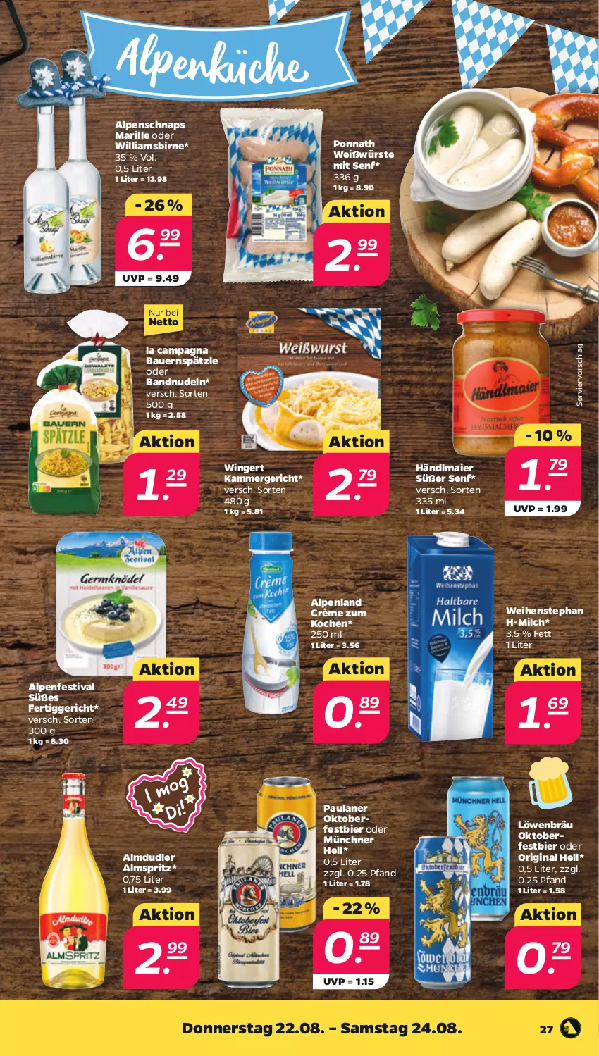 Aktueller Prospekt Netto - Woche 34 - von 19.08 bis 24.08.2024 - strona 27 - produkty: almdudler, auer, Bau, Bauer, bier, fertiggericht, gin, händlmaier, küche, milch, nudel, nudeln, Paula, paulaner, ponnath, senf, Ti, weihenstephan