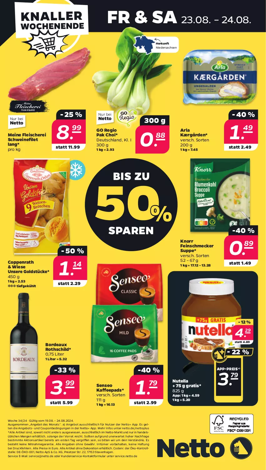 Aktueller Prospekt Netto - Woche 34 - von 19.08 bis 24.08.2024 - strona 28 - produkty: alle artikel ohne dekoration, angebot, arla, coppenrath, coupon, dekoration, eis, elle, feinschmecker, filet, fleisch, Fleischerei, Goldstücke, Kærgården, kaffee, kaffeepads, knorr, nutella, Pak Choi, reis, sac, Schere, schwein, schweine, schweinefilet, senseo, suppe, Ti, wein, weine