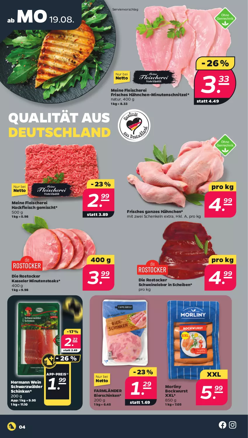 Aktueller Prospekt Netto - Woche 34 - von 19.08 bis 24.08.2024 - strona 4 - produkty: bier, bierschinken, bockwurst, eis, fleisch, Fleischerei, hackfleisch, hackfleisch gemischt, henkel, kasseler, minutenschnitzel, minutensteaks, natur, reis, Rostocker, schenkel, Schere, schinken, schnitzel, schwarzwälder schinken, schwein, schweine, Schweineleber, steak, steaks, wein, weine, wurst