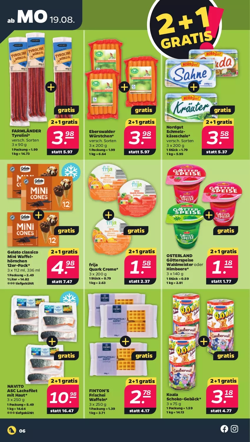 Aktueller Prospekt Netto - Woche 34 - von 19.08 bis 24.08.2024 - strona 6 - produkty: beere, classico, creme, eis, filet, götterspeise, himbeer, himbeere, hörnchen, Käse, lachs, lachsfilet, Meister, quark, Schal, Schale, Schmelzkäse, schoko, Ti, Waffelhörnchen, waffeln, waldmeister, würstchen