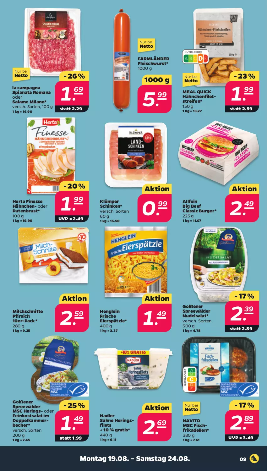 Aktueller Prospekt Netto - Woche 34 - von 19.08 bis 24.08.2024 - strona 9 - produkty: Becher, beef, burger, dell, eier, eierspätzle, eis, elle, feinkost, filet, filets, finesse, fisch, fleisch, fleischwurst, frikadellen, henglein, hering, Herings, heringsfilets, herta, herta finesse, milch, Milchschnitte, nadler, nudel, nudelsalat, pfirsich, pute, putenbrust, reifen, ring, sahne, salat, schinken, spreewälder, Ti, wurst