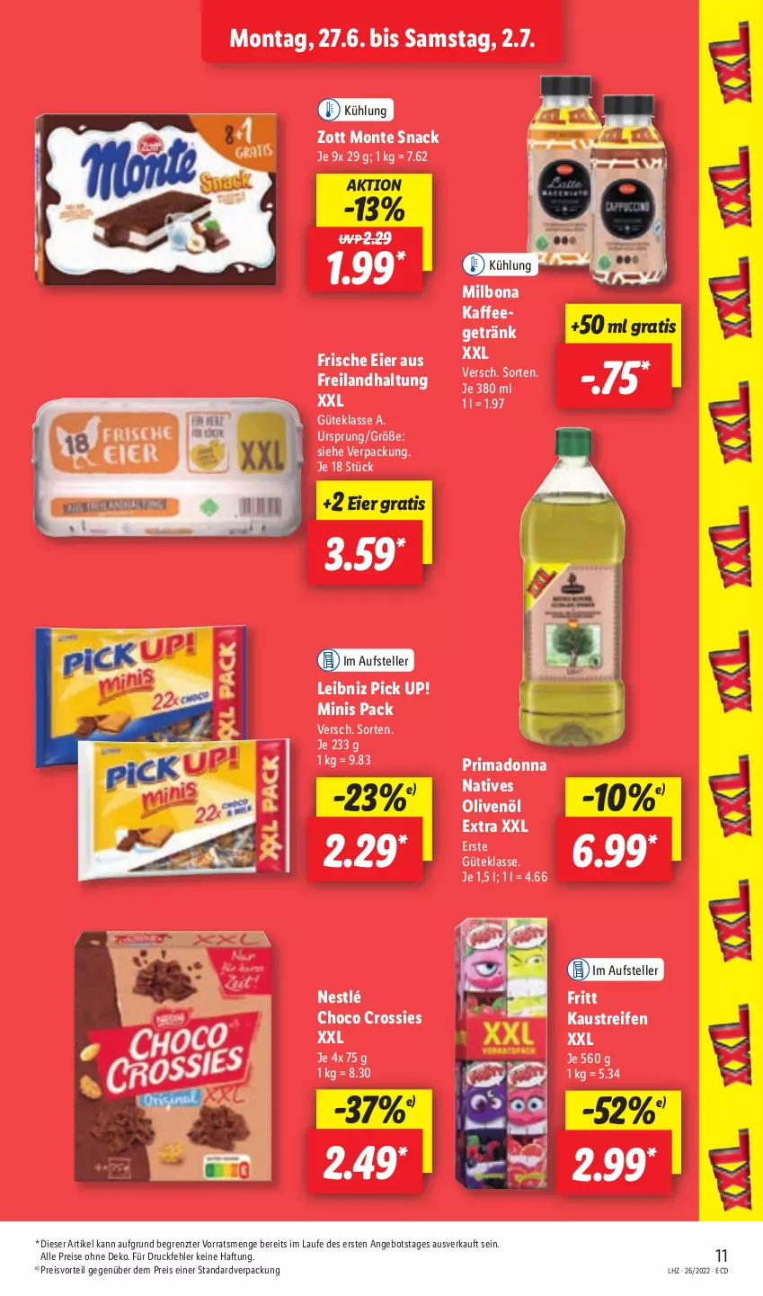 Aktueller Prospekt Lidl - Aktionsprospekt - von 27.06 bis 02.07.2022 - strona 11 - produkty: angebot, aust, Bona, choco crossies, crossies, eier, eis, elle, getränk, kaffee, Kaustreifen, leibniz, Milbona, monte, natives olivenöl, nestlé, olive, oliven, olivenöl, olivenöl extra, Pick Up!, preisvorteil, reifen, reis, snack, teller, Ti, zott, Zott Monte, ZTE