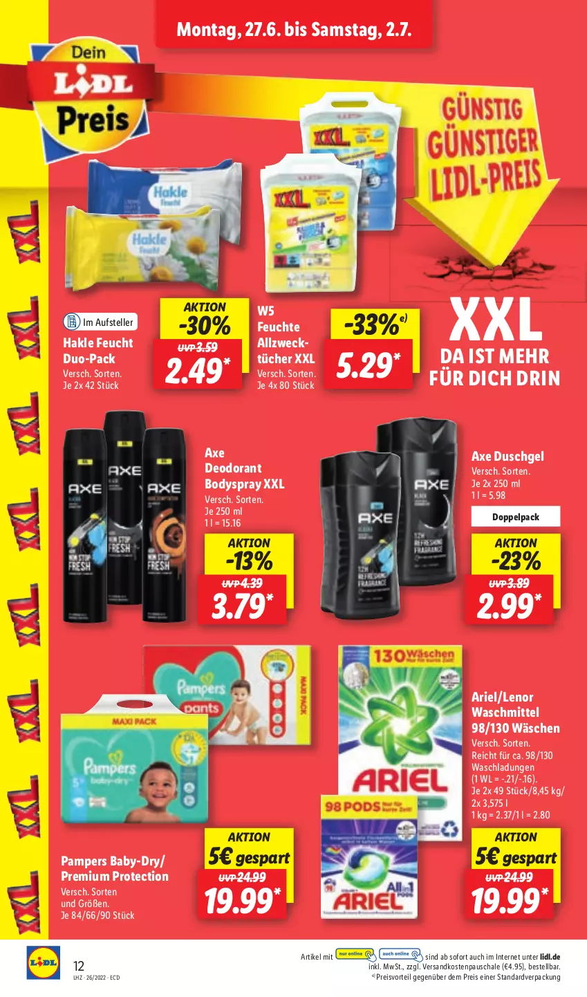 Aktueller Prospekt Lidl - Aktionsprospekt - von 27.06 bis 02.07.2022 - strona 12 - produkty: Allzwecktücher, ariel, axe, axe duschgel, baby-dry, body, bodyspray, deo, deodorant, duschgel, eis, elle, hakle, lenor, lenor waschmittel, ndk, pampers, preisvorteil, reis, Schal, Schale, teller, Ti, tücher, waschmittel, weck