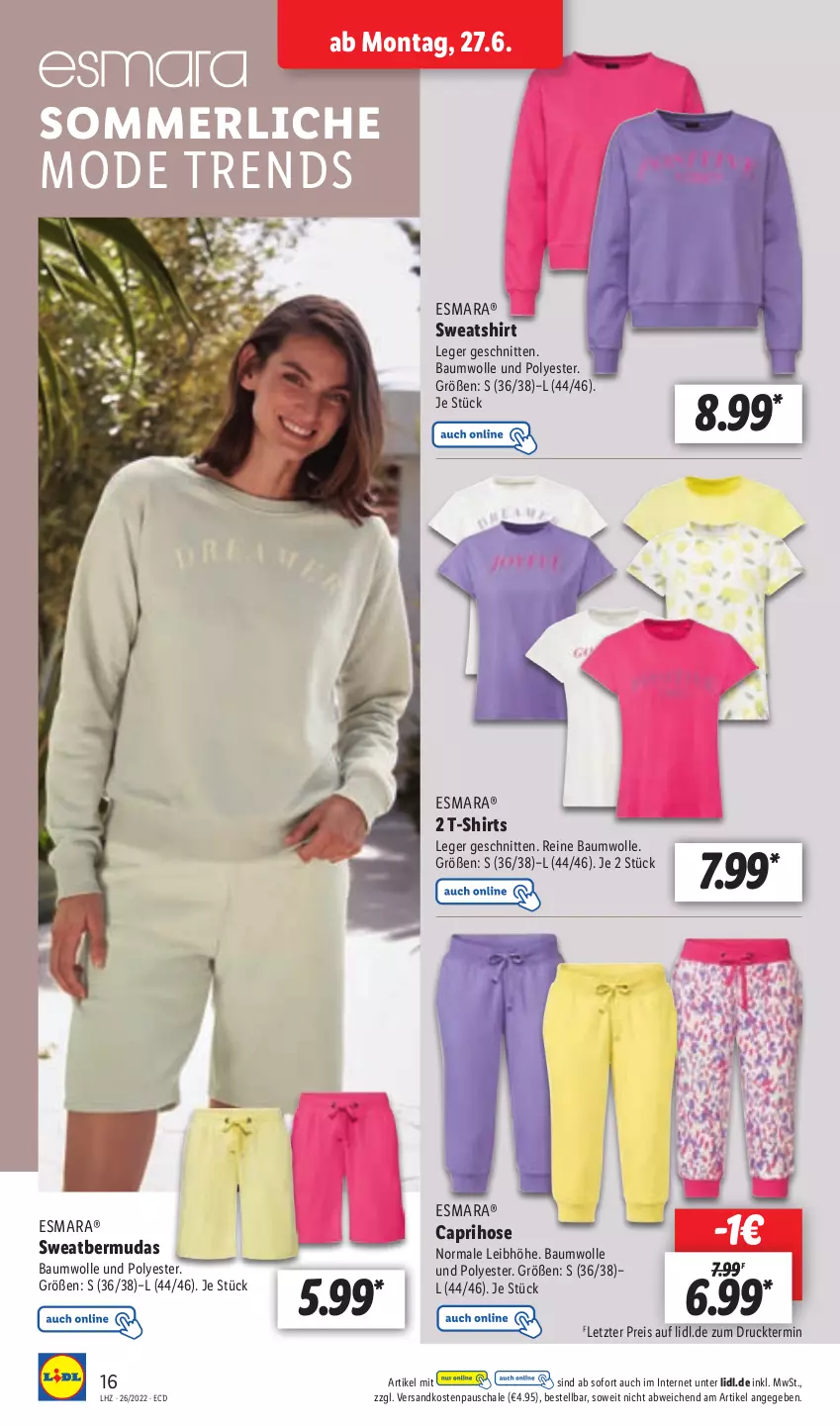 Aktueller Prospekt Lidl - Aktionsprospekt - von 27.06 bis 02.07.2022 - strona 16 - produkty: Bau, baumwolle, bermuda, bermudas, Cap, caprihose, eis, esmara, hose, merl, Mode, ndk, reine baumwolle, reis, Schal, Schale, schnitten, shirt, shirts, Sweatshirt, T-Shirt, Ti, wolle, ZTE