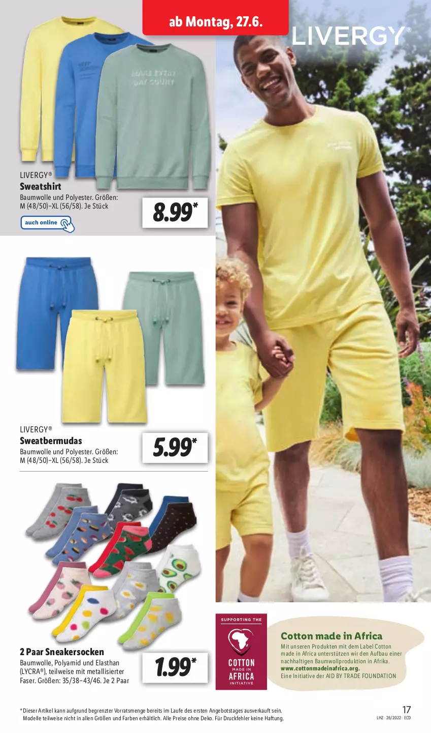 Aktueller Prospekt Lidl - Aktionsprospekt - von 27.06 bis 02.07.2022 - strona 17 - produkty: angebot, Bau, baumwolle, bermuda, bermudas, dell, eis, elle, livergy, Mode, reis, shirt, sneaker, sneakersocken, socken, Sweatshirt, Ti, wolle, ZTE