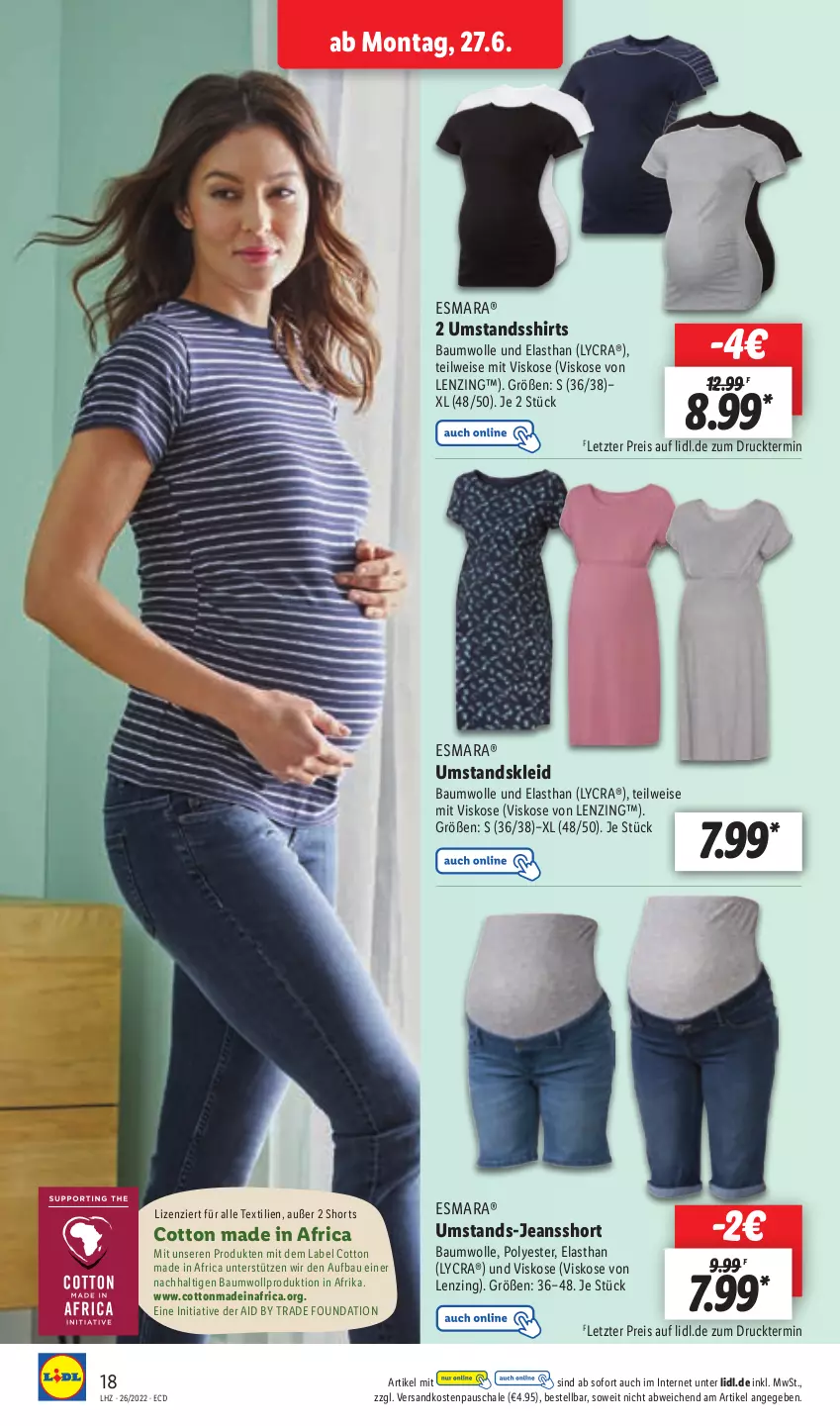 Aktueller Prospekt Lidl - Aktionsprospekt - von 27.06 bis 02.07.2022 - strona 18 - produkty: Bau, baumwolle, eis, esmara, jeans, kleid, lenzing, ndk, reis, Schal, Schale, shirt, shirts, shorts, Ti, Umstandskleid, wolle, ZTE