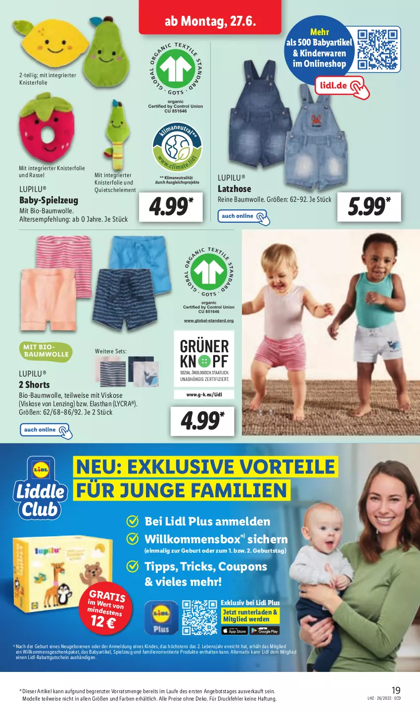 Aktueller Prospekt Lidl - Aktionsprospekt - von 27.06 bis 02.07.2022 - strona 19 - produkty: angebot, Bau, baumwolle, bio, bio-baumwolle, coupon, coupons, dell, eis, elle, erde, gutschein, hose, Kinder, Latzhose, lenzing, lupilu, mit bio-baumwolle, Mode, reine baumwolle, reis, shorts, spielzeug, Ti, wolle, ZTE