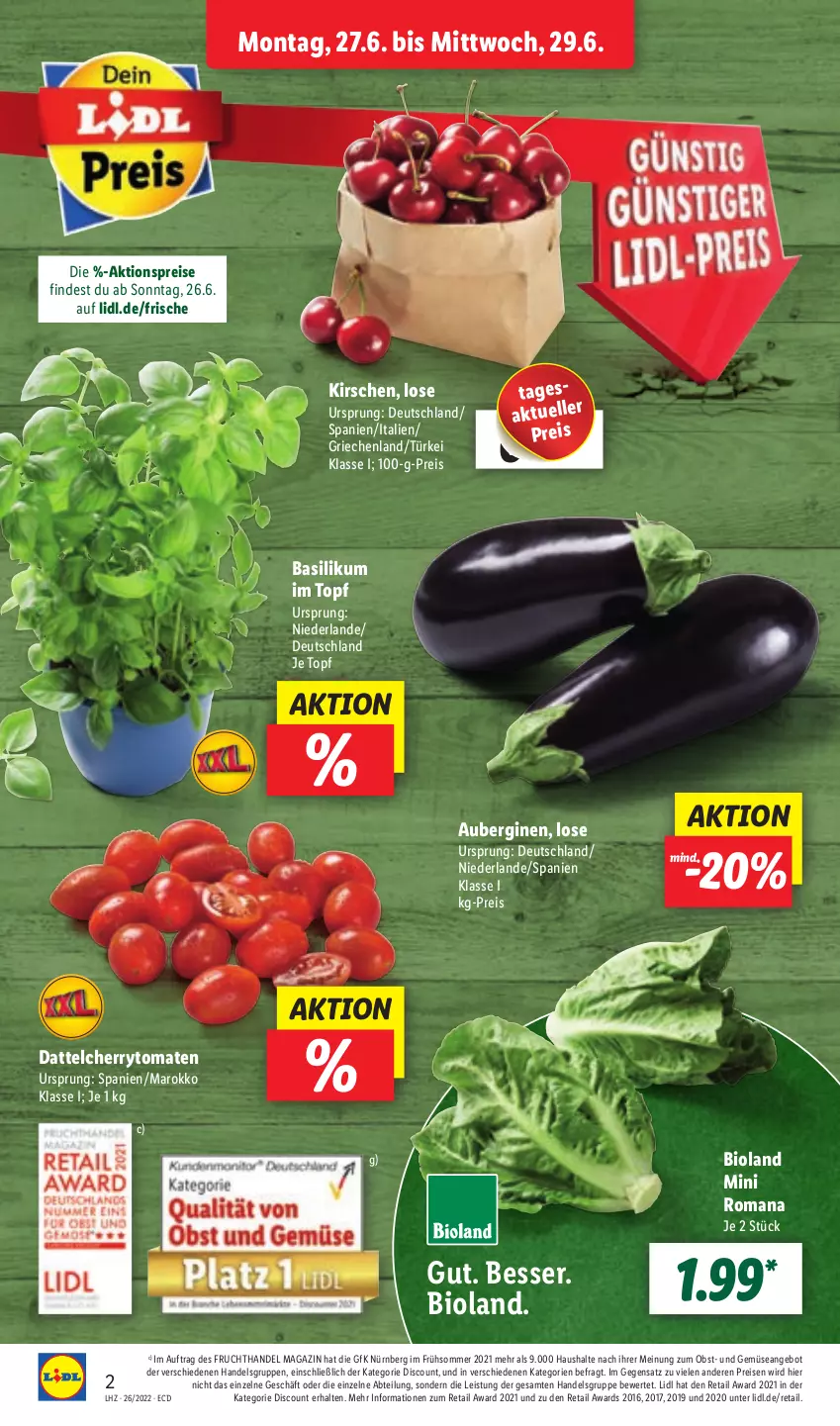 Aktueller Prospekt Lidl - Aktionsprospekt - von 27.06 bis 02.07.2022 - strona 2 - produkty: Abtei, aktionspreis, angebot, aubergine, auberginen, basilikum, bio, bioland, cherrytomaten, discount, eis, elle, frucht, gin, kirsch, kirsche, kirschen, magazin, obst, reis, Ti, tomate, tomaten, topf, und gemüse