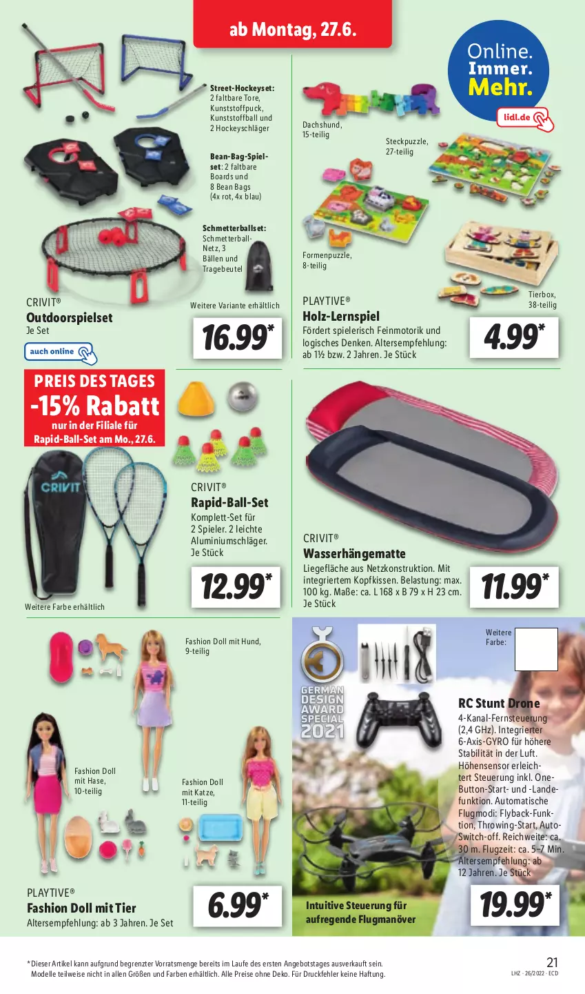 Aktueller Prospekt Lidl - Aktionsprospekt - von 27.06 bis 02.07.2022 - strona 21 - produkty: angebot, auto, ball, beutel, crivit, dell, eis, elle, hängematte, Hockeyschläger, Holz, kissen, kopfkissen, Lernspiel, Liege, Mett, Mode, Puzzle, reis, Ria, Rowi, Spiele, Ti, tisch, wasser, Wasserhängematte, ZTE