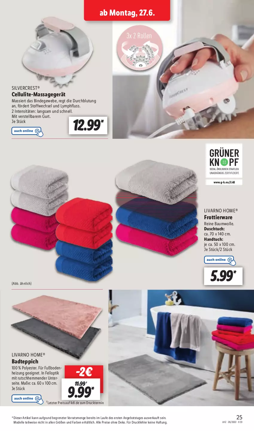 Aktueller Prospekt Lidl - Aktionsprospekt - von 27.06 bis 02.07.2022 - strona 25 - produkty: angebot, Bad, badteppich, Bau, baumwolle, dell, duschtuch, eis, elle, handtuch, Massagegerät, Mode, reine baumwolle, reis, silvercrest, teppich, Ti, tuc, wolle, ZTE