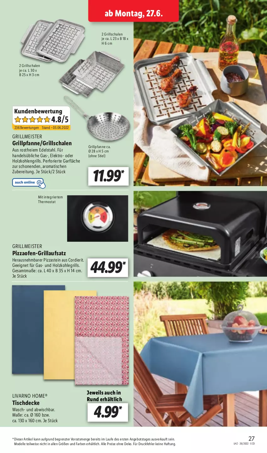 Aktueller Prospekt Lidl - Aktionsprospekt - von 27.06 bis 02.07.2022 - strona 27 - produkty: angebot, decke, dell, edelstahl, eis, Elektro, elle, grill, Grillpfanne, Grillschalen, Holz, holzkohle, holzkohlegrill, Kohlegrill, Meister, Mode, Ofen, pfanne, pizza, Pizzaofen, reis, Schal, Schale, thermostat, Ti, tisch, tischdecke, ZTE