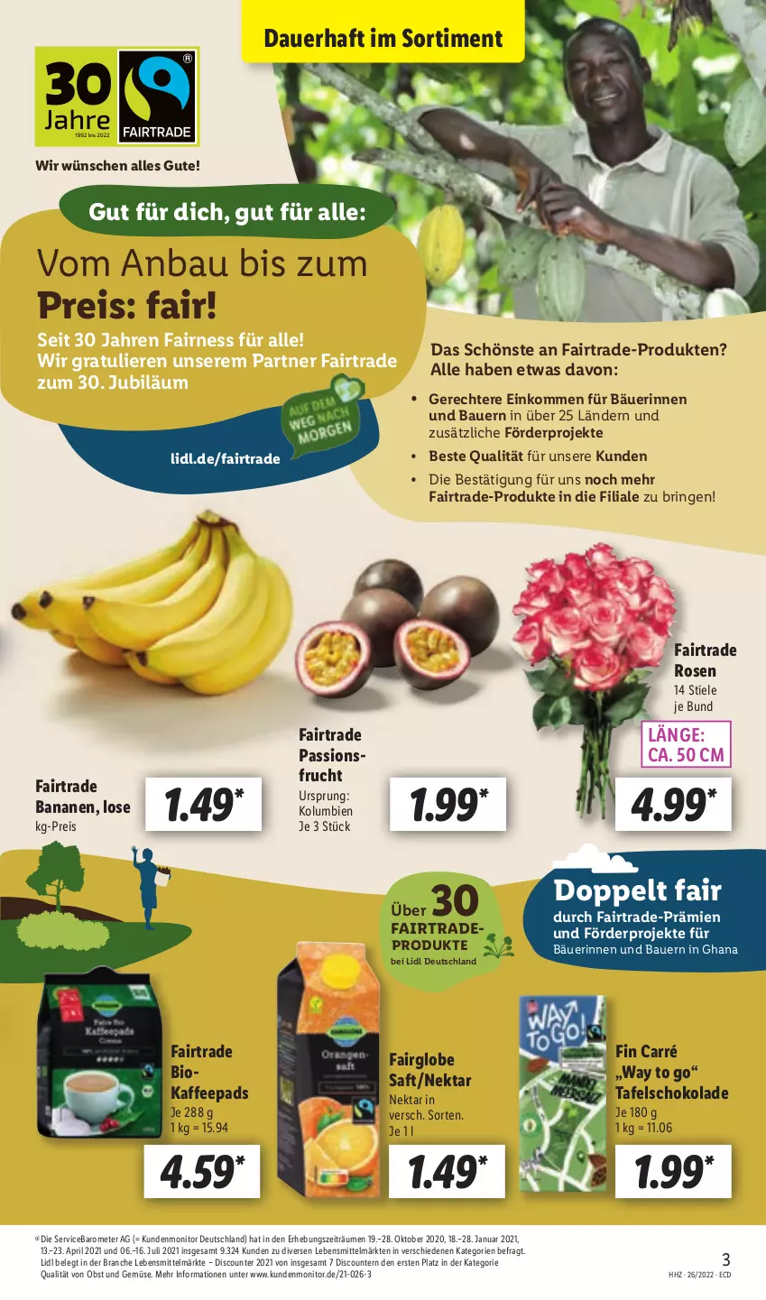 Aktueller Prospekt Lidl - Aktionsprospekt - von 27.06 bis 02.07.2022 - strona 3 - produkty: auer, banane, bananen, Bau, Bauer, bio, discount, eis, frucht, kaffee, kaffeepads, lebensmittel, monitor, Nektar, obst, Obst und Gemüse, passionsfrucht, pril, reis, ring, rosen, saft, schoko, schokolade, tafelschokolade, Ti, und gemüse