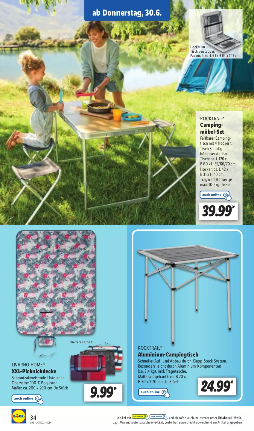 Aktueller Prospekt Lidl - Aktionsprospekt - von 27.06 bis 02.07.2022 - strona 34 - produkty: Abba, Bau, Campingtisch, decke, eis, elle, ente, hocker, kraft, möbel, ndk, picknickdecke, Schal, Schale, Tasche, Ti, tisch, tragetasche