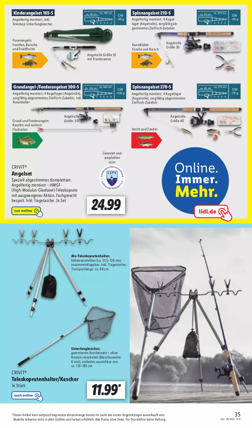 Aktueller Prospekt Lidl - Aktionsprospekt - von 27.06 bis 02.07.2022 - strona 35 - produkty: angebot, crivit, dell, eis, elle, fisch, fische, forelle, Kescher, Kinder, Kugel, Mode, reis, rel, Spezi, Sport, Tasche, Teleskop, Ti, tragetasche, Zander, ZTE