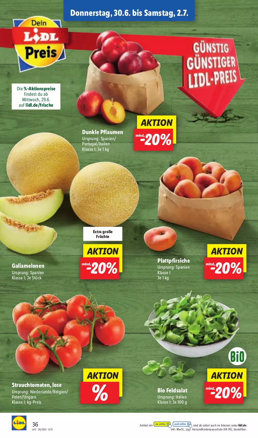 Aktueller Prospekt Lidl - Aktionsprospekt - von 27.06 bis 02.07.2022 - strona 36 - produkty: aktionspreis, bio, eis, feldsalat, früchte, galiamelone, LG, melone, melonen, ndk, pfirsich, pfirsiche, pflaume, pflaumen, plattpfirsiche, Rauch, reis, salat, Schal, Schale, strauchtomaten, Ti, tomate, tomaten