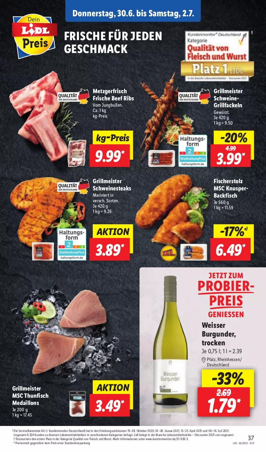 Aktueller Prospekt Lidl - Aktionsprospekt - von 27.06 bis 02.07.2022 - strona 37 - produkty: backfisch, beef, bier, burgunder, discount, eis, fisch, fische, Fischer, fleisch, gewürz, grill, grillfackeln, jungbullen, lebensmittel, mac, medaillons, Meister, monitor, Nestea, preisvorteil, pril, reis, schwein, schweine, steak, steaks, thunfisch, Ti, wein, weine, wurst