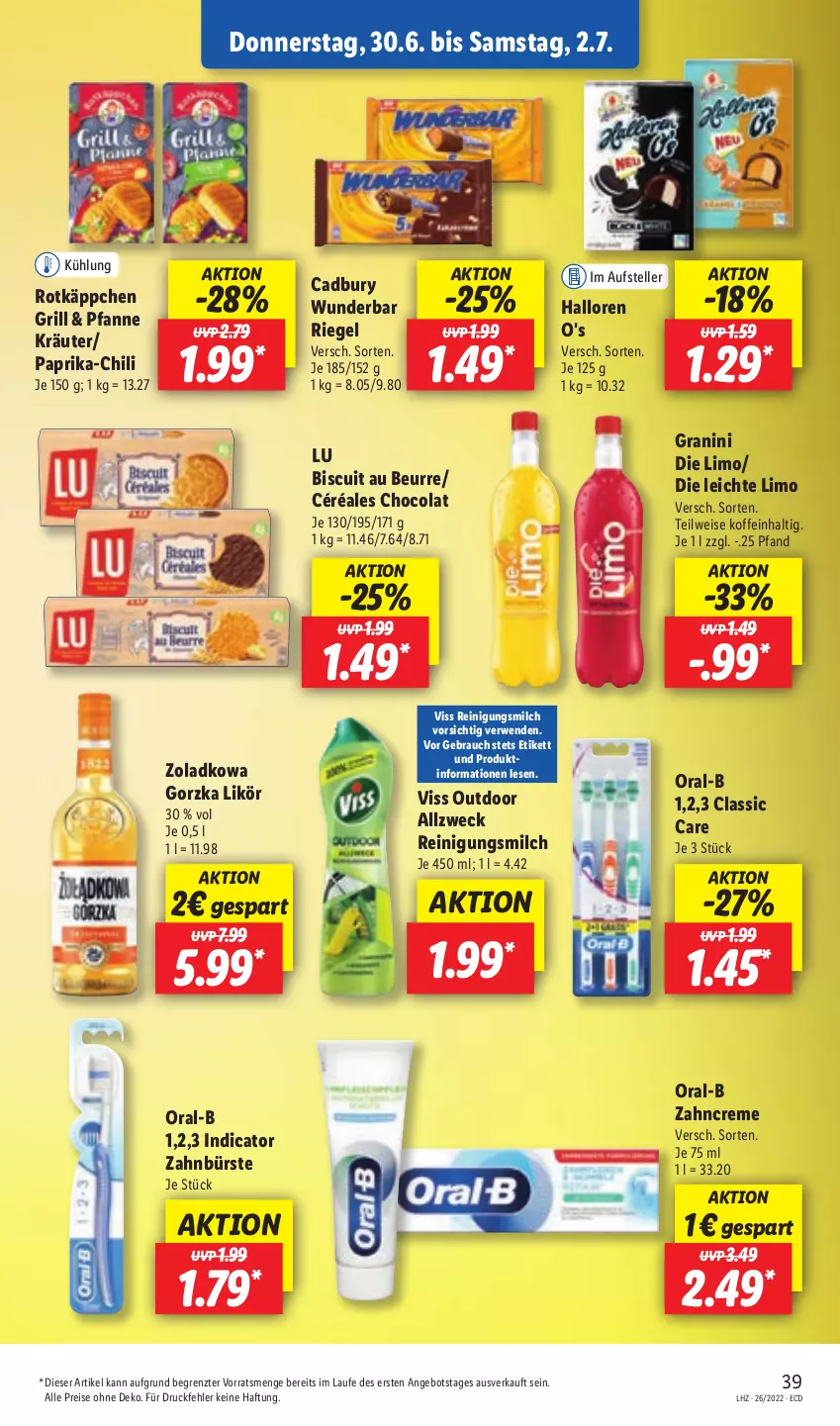 Aktueller Prospekt Lidl - Aktionsprospekt - von 27.06 bis 02.07.2022 - strona 39 - produkty: angebot, bürste, chili, cola, creme, eis, elle, granini, granini die limo, grill, kräuter, likör, limo, milch, oral-b, paprika, pfanne, Rauch, Reinigung, Reinigungsmilch, reis, riegel, rotkäppchen, rwe, teller, Ti, weck, zahnbürste, zahncreme, ZTE